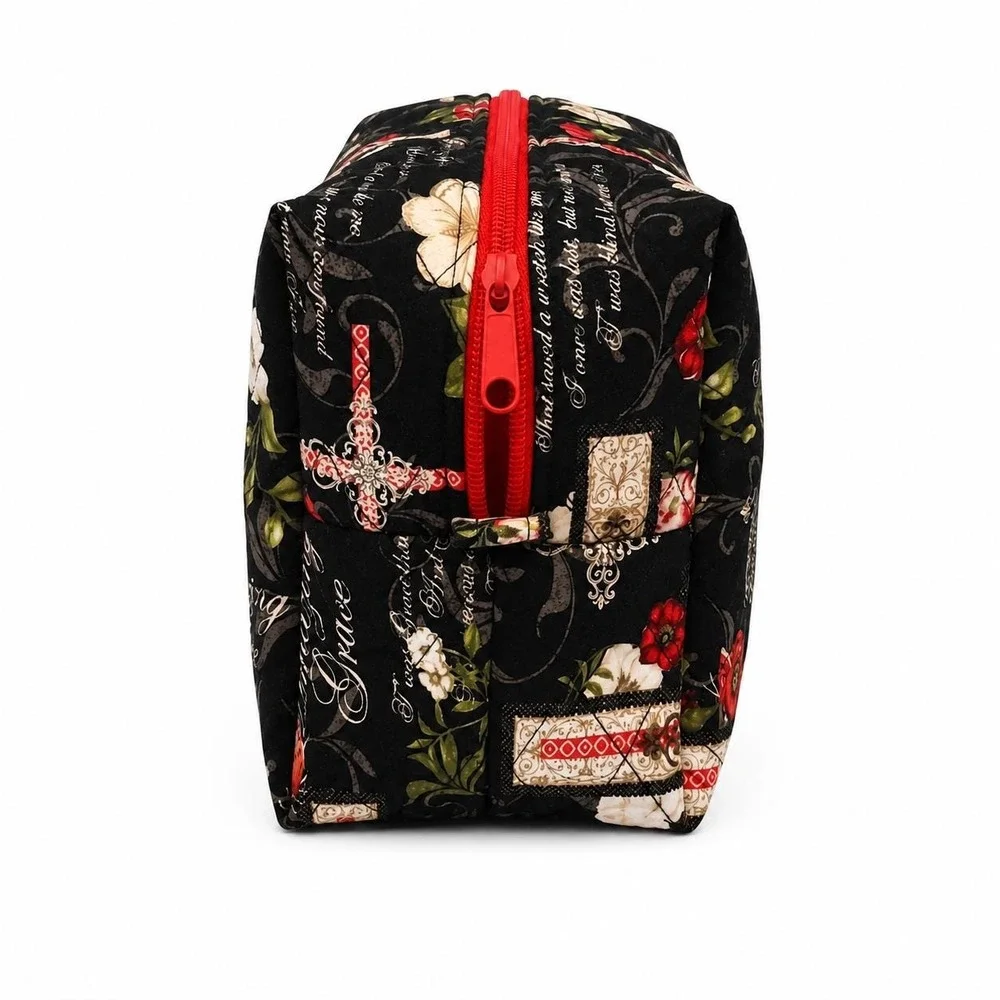 Christian Floral Makeup Bag, Quilted Cosmetic Pouch, Faith Inspired Toiletry Bag